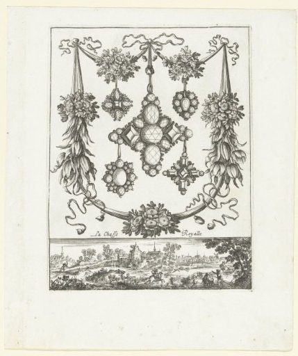 Cartouche with five pendants, below a royal hunt