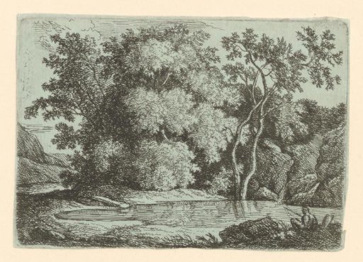 Landscape with lake, trees and a fisherman
