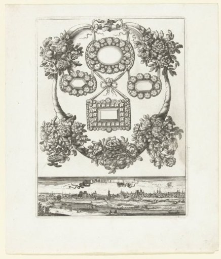 Cartouche with four brooches, below a panorama of Paris