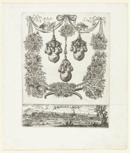 Cartouche with three pairs of earrings, below a panorama of Rome