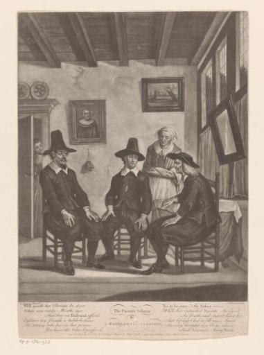 Three Men in Discussion While a Young Woman Listens at the Doorway