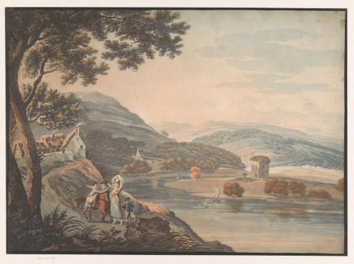 Hilly landscape with river and family with a horse on a path
