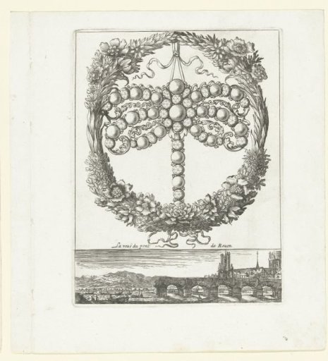 Wreath with a jewel, below a panorama of Rouen