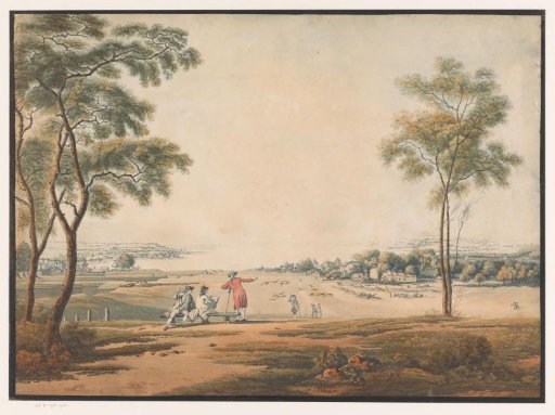Three figures looking out over a landscape with a tin mine