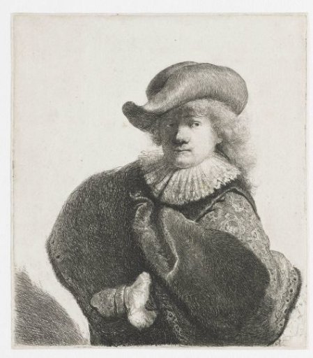 Self-portrait in a soft hat and a patterned cloak