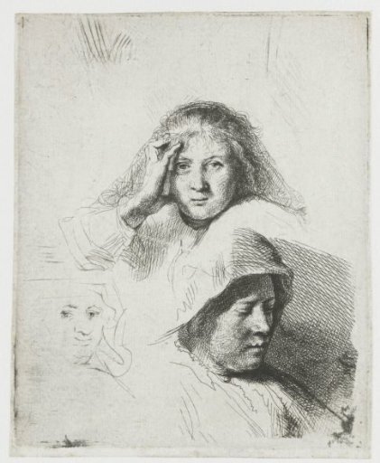 Three heads of women, one lightly etched