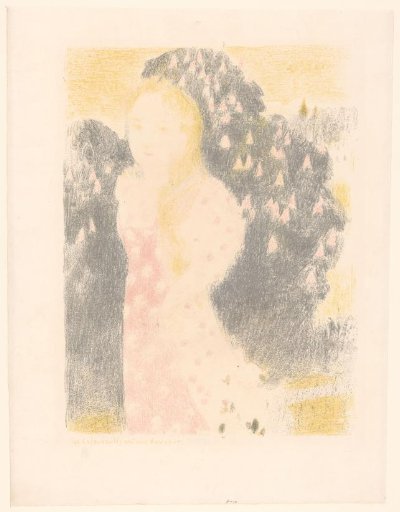 Girl before a flowering bush