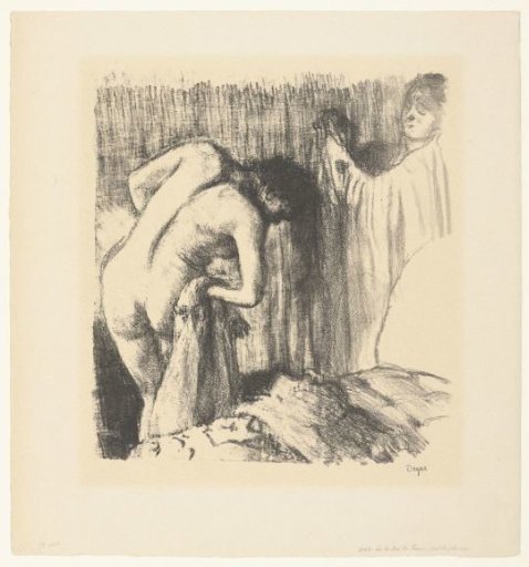 Woman drying herself after her bath and receiving clothing from woman