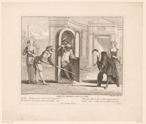 Scene from Commedia dell'arte with Harlequin on a palanquin