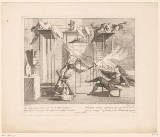 Scene from the Commedia dell'arte with Harlequin, Pierrot, Pulcinello and Mezzetino
