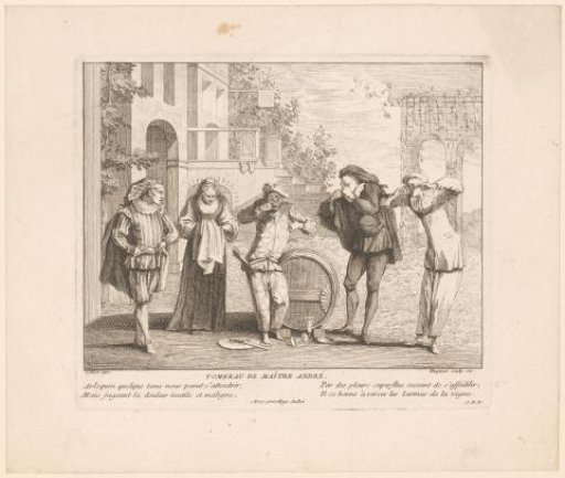 Scene with Figures from the Commedia dell'arte with Harlequin by a Wine Vat