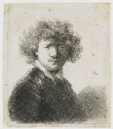 Self-portrait with curly hair and white collar: bust