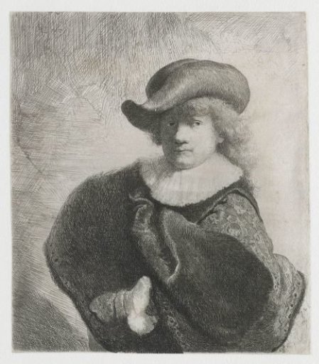 Self-portrait in a soft hat and a patterned cloak