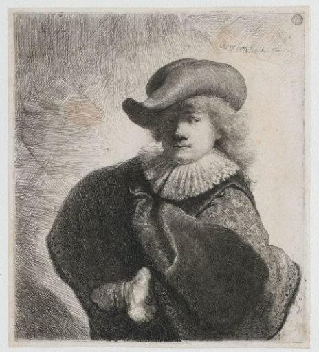 Self-portrait in a soft hat and a patterned cloak