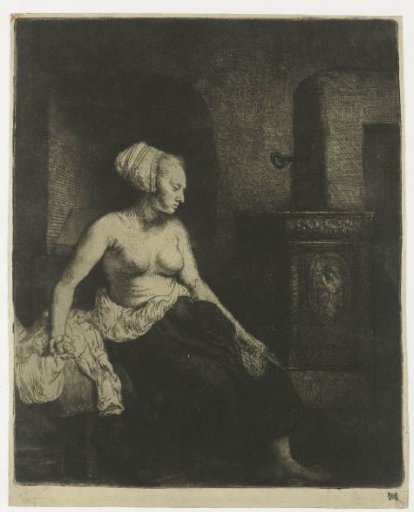 Woman sitting half dressed beside a stove