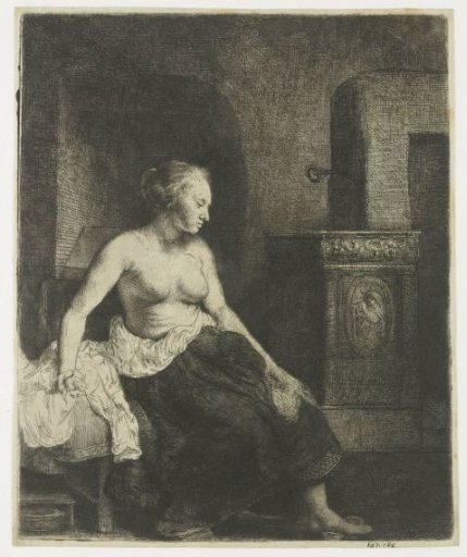 Woman sitting half dressed beside a stove