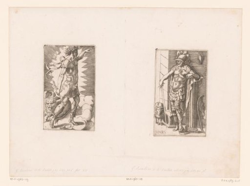 Apollo in armor surrounded by sun rays, beside him a lion