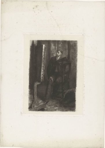Portrait of an artist standing behind the easel