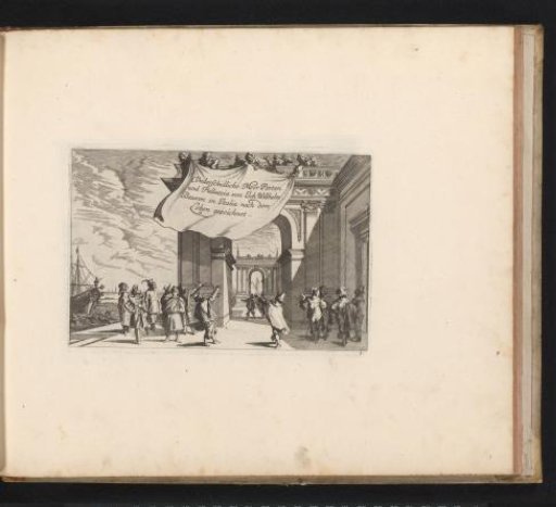 View of a wharf and loggia with figures presenting a cloth