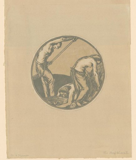Three figures harvesting grain