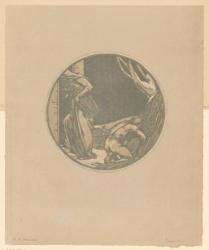 Two figures carrying branches indoors