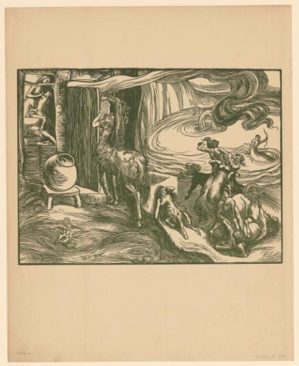 Centaurs in combat near a house