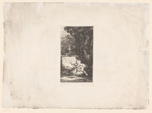 Title print with a man writing at a bust