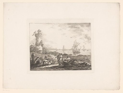 Oriental figures resting on the coastline