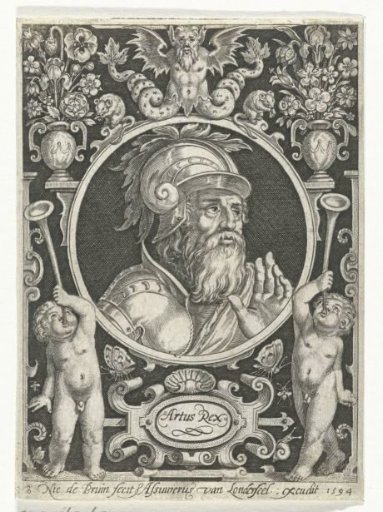 Portrait of King Arthur in a medallion within a rectangular frame with ornaments
