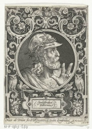 Portrait of Godfrey of Bouillon in a medallion within a rectangular frame with ornaments