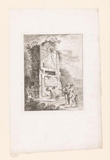 Travellers at a ruined fountain along a path