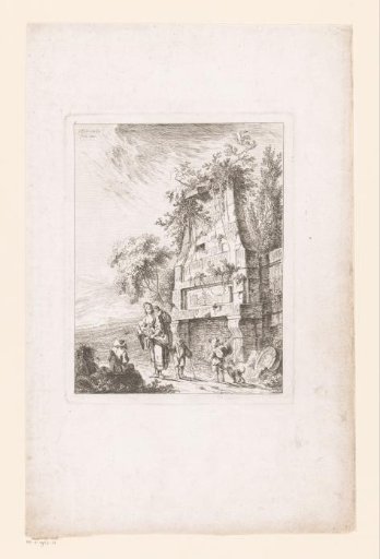 Woman with children at a ruin of a monument