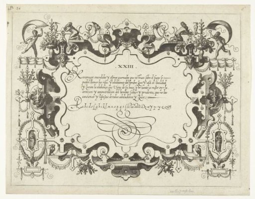 Cartouche with calligraphy, a man with a banner in the upper left and right