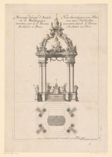 Baldachin and altar with cross and candlesticks