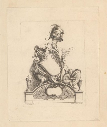 Cartouche with putti holding a helmet and a shield