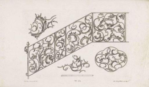 Four detail designs for an ornamental fence with rocailles
