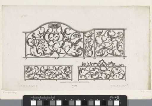 Three ornamental fence designs with rocailles