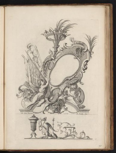 Cartouche with a crowned palm branch and armorial trophy