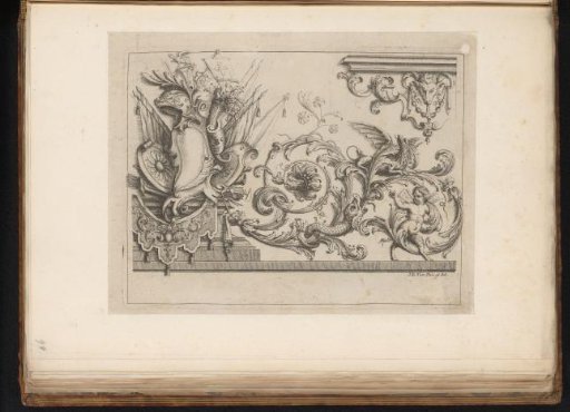 Ornaments with an armorial trophy, arabesque, and dolphin