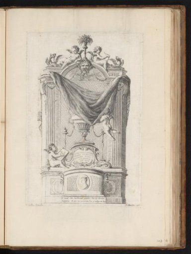 Title print with a vase unveiled by putti