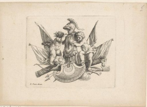 Wapen trophy with putti in breastplates