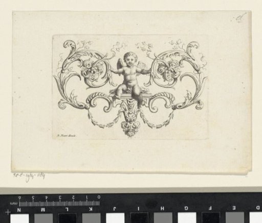Seated putto between leafy scrolls