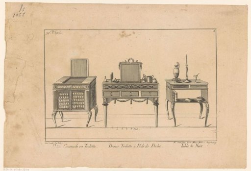 Commode, dressing table, and nightstand