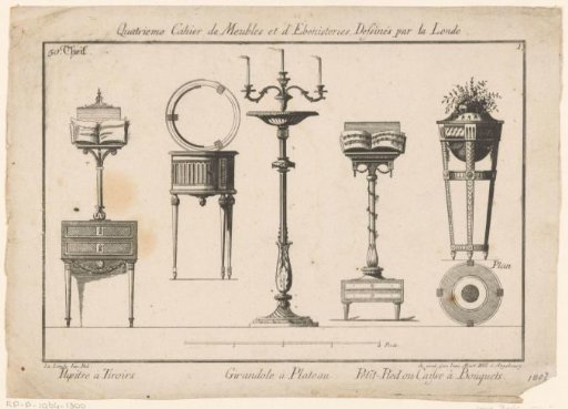 Music stand, girandole, and table with vase