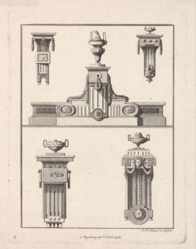 Five pedestals with vases