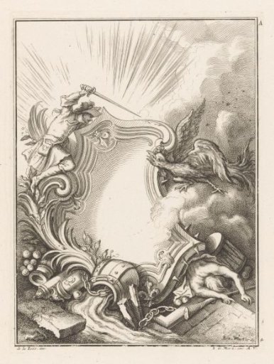 Cartouche with a Man Holding a Sword and a Bird