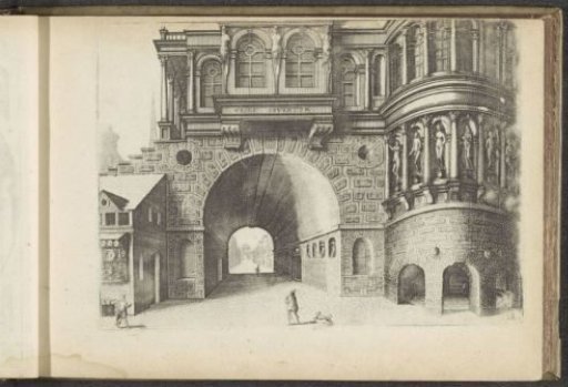 City gate with a shop on the left and a round building on the right