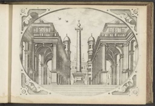 Staircase with a monumental column topped with a sphere and a half-moon