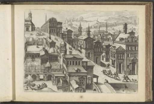 View of a city in a bird's-eye perspective with a street going uphill
