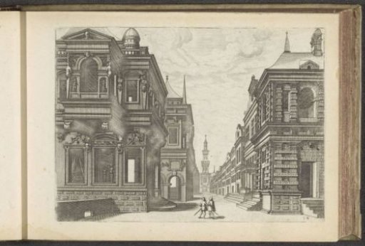 View of a street with a palace in the foreground on the left
